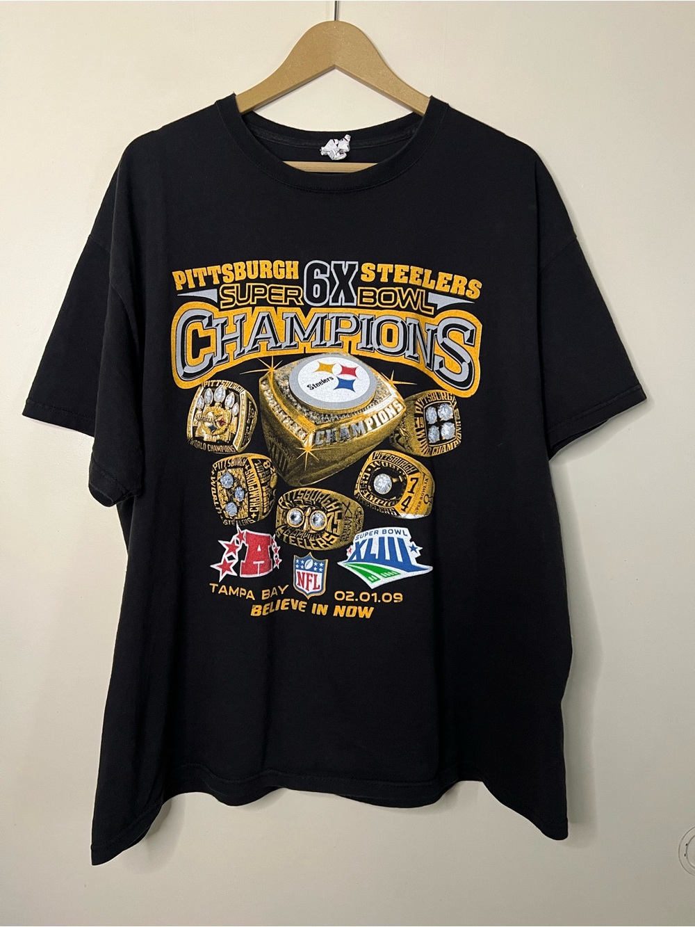 Vintage 2009 Pittsburgh Steelers 6x Super Bowl Champions Rings T Shirt XL